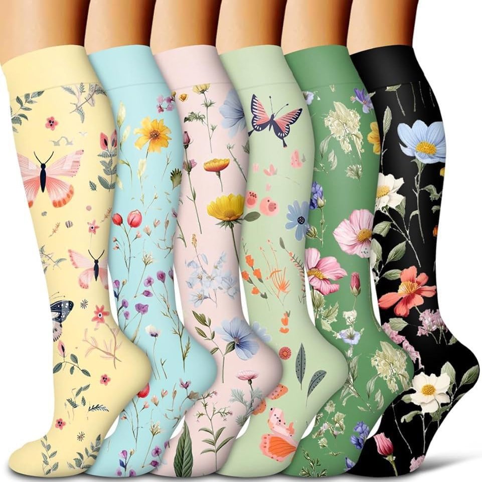 6 Pairs Knee High Graduated Compression Socks For Women and Men - Best Sports, Yoga, Travel & Flight Socks - Running & Fitness 15-20mmhg (New Six 22, L)