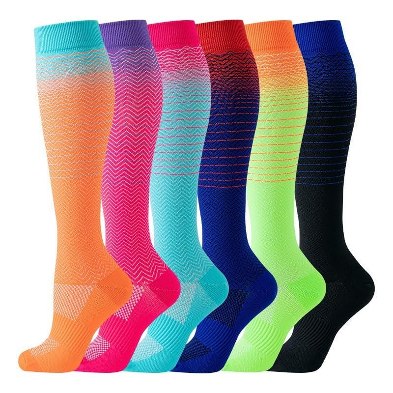 6 Pairs Knee High Graduated Compression Socks For Women and Men - Best Sports, Yoga, Travel & Flight Socks - Running & Fitness 15-20mmhg (New Six 0, S)