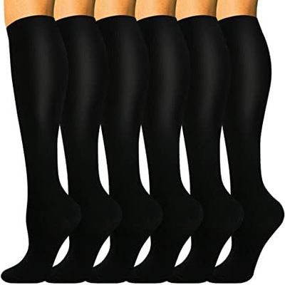 6 Pairs Knee High Graduated Compression Socks For Women and Men - Best Sports, Yoga, Travel & Flight Socks - Running & Fitness 15-20mmhg (Black, S)