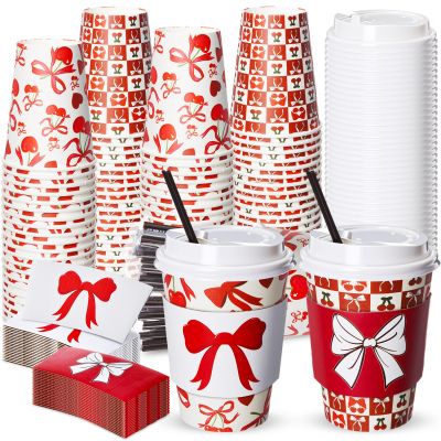 Lallisa 50 Set Red Bow Disposable Coffee Cups with Lids, Straws and Sleeves 12 oz Paper Cherry Bow Coffee Cups for Party Hot Cold Drinks Wedding Bachelorette Birthday Supplies