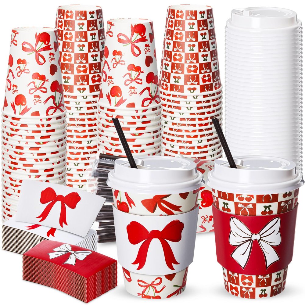 Lallisa 50 Set Red Bow Disposable Coffee Cups with Lids, Straws and Sleeves 12 oz Paper Cherry Bow Coffee Cups for Party Hot Cold Drinks Wedding Bachelorette Birthday Supplies