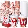 Lallisa 50 Set Red Bow Disposable Coffee Cups with Lids, Straws and Sleeves 12 oz Paper Cherry Bow Coffee Cups for Party Hot Cold Drinks Wedding Bachelorette Birthday Supplies view 1