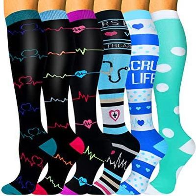6 Pairs Knee High Graduated Compression Socks For Women and Men - Best Sports, Yoga, Travel & Flight Socks - Running & Fitness 15-20mmhg (Six 11, S)