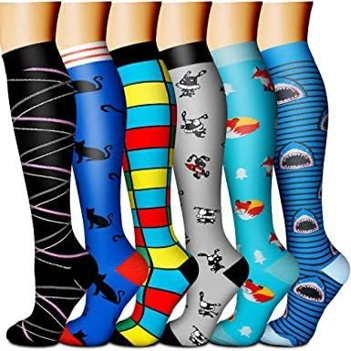 6 Pairs Knee High Graduated Compression Socks For Women and Men - Best Sports, Yoga, Travel & Flight Socks - Running & Fitness 15-20mmhg (New Six 15, L)