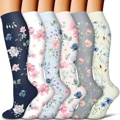 6 Pairs Knee High Graduated Compression Socks For Women and Men - Best Sports, Yoga, Travel & Flight Socks - Running & Fitness 15-20mmhg (New Six 11, L)