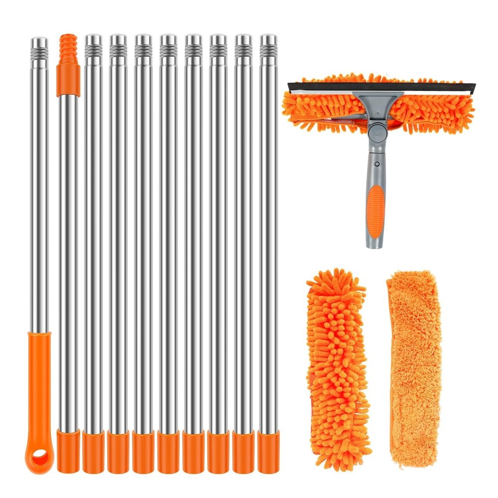 100-420CM Extended Window Cleaning Kit 2 In 1 Double Sided Glass Squeegee Cleaner Duster Mop 180 Swivel Tools(Orange)