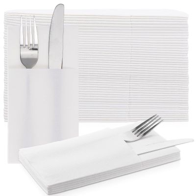 100 Pcs Disposable White Napkins Cloth Like with Flatware Pocket - Prefolded Linen Feel Dinner Napkins for Wedding, Party, Silverware