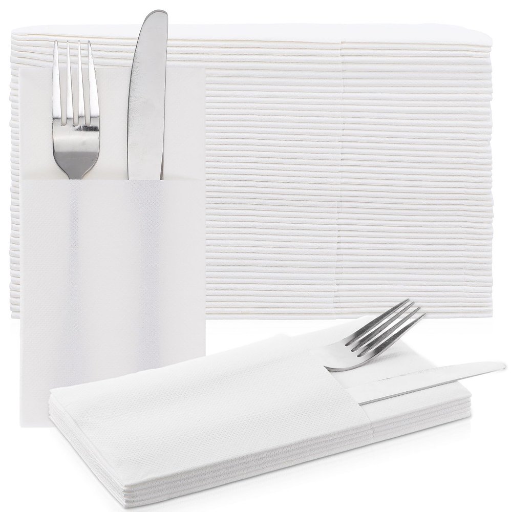 100 Pcs Disposable White Napkins Cloth Like with Flatware Pocket - Prefolded Linen Feel Dinner Napkins for Wedding, Party, Silverware
