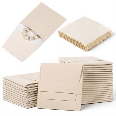 100 Pcs Microfiber Jewelry Pouch 8x8cm Luxury Small Jewelry Gift Bag with Cleaning Cloth Small Jewelrys Pouch for Bracelet Necklace Packaging, Envelope Style with Fixed Strap and Divider, Beige