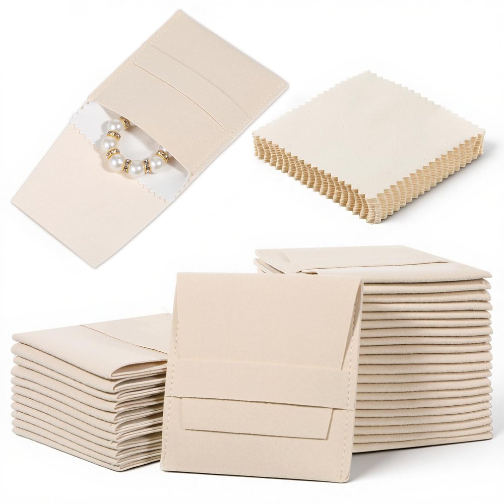 100 Pcs Microfiber Jewelry Pouch 8x8cm Luxury Small Jewelry Gift Bag with Cleaning Cloth Small Jewelrys Pouch for Bracelet Necklace Packaging, Envelope Style with Fixed Strap and Divider, Beige