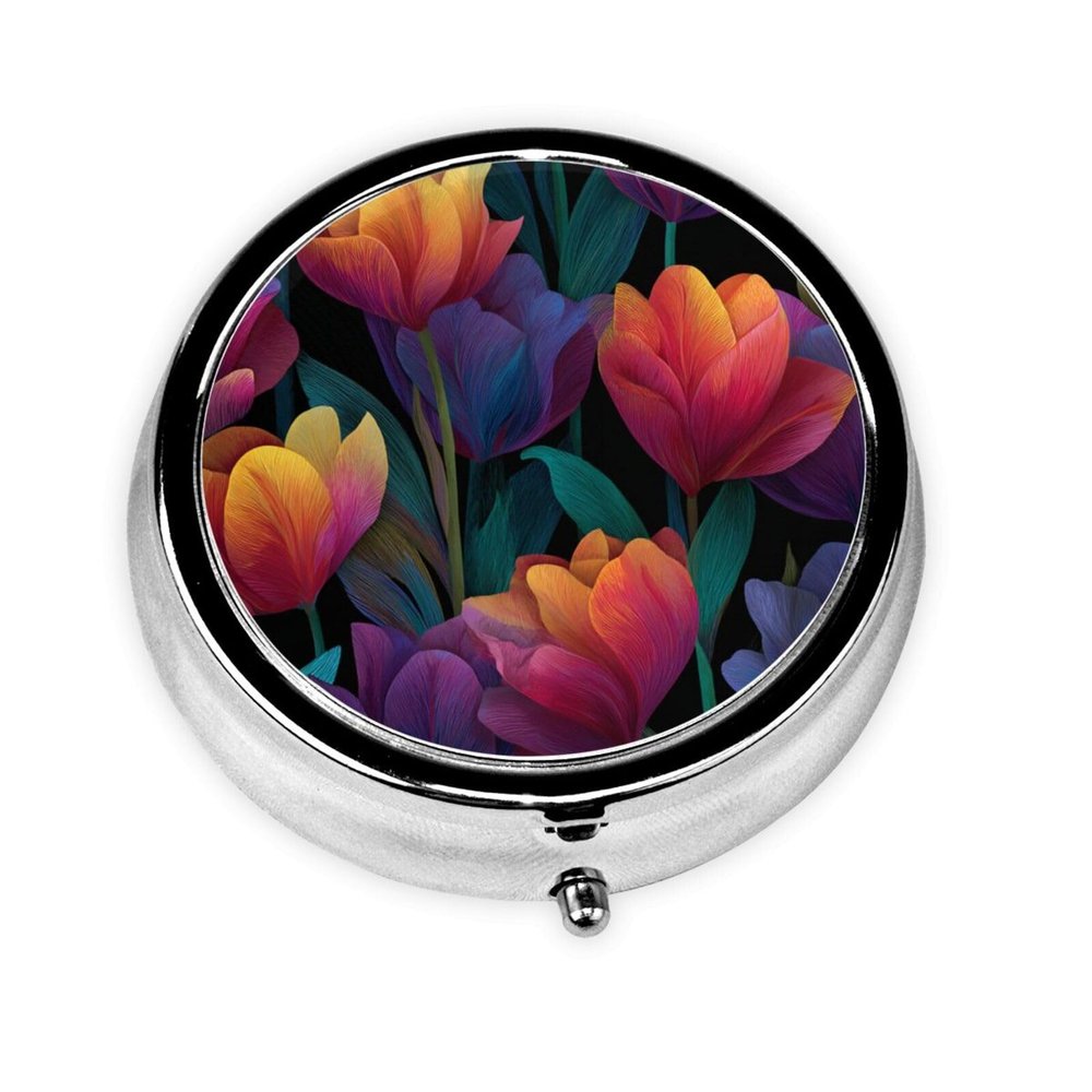 Bold and Colorful Tulip Motifs Round Pill Case, Portable Pill Box for Pocket Metal Medicine Vitamin Organizer 3 Compartment Three Times A Day