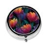 Bold and Colorful Tulip Motifs Round Pill Case, Portable Pill Box for Pocket Metal Medicine Vitamin Organizer 3 Compartment Three Times A Day view 1