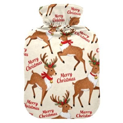 Merry Christmas Brown Elk hot-Water Bottle with Soft Cover, 2L hot Water Bag for Hand Feet Warmer, Neck and Shoulder Pain Relief, compresas calientes para el vientre