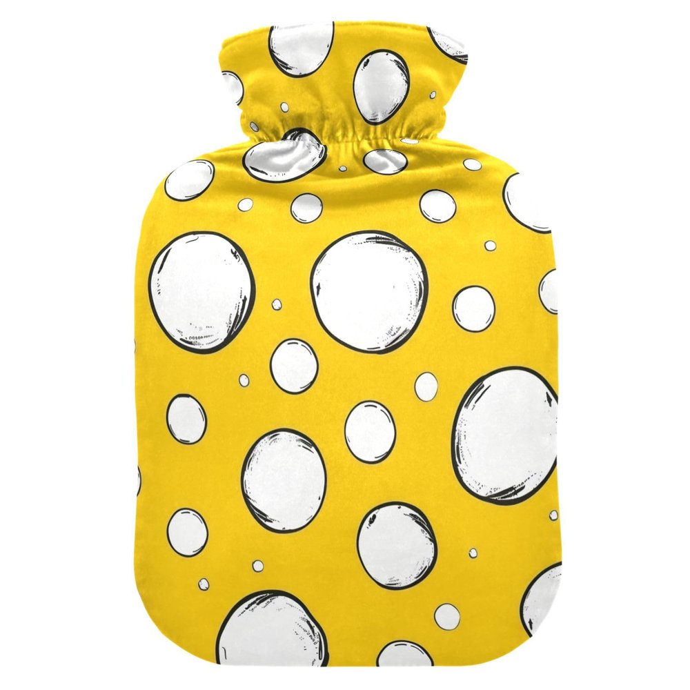 White Circular Spots on A Yellow Background Travel hot Water Bottle with Soft Cover, 2L Water Bag for Neck Shoulder Warmer, Period Cramps, Bolsa para clicos menstruales