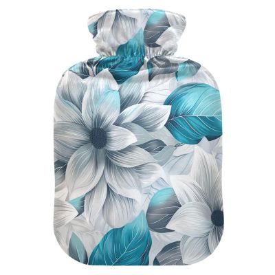A Close Up of Grey and Teal Floral Leaves on White Fabric Water Bottle for hot Water with Soft Cover, 2L Warmer Bag for Period Cramps, Pain Relief, Bolsa de agua Caliente para el Dolor