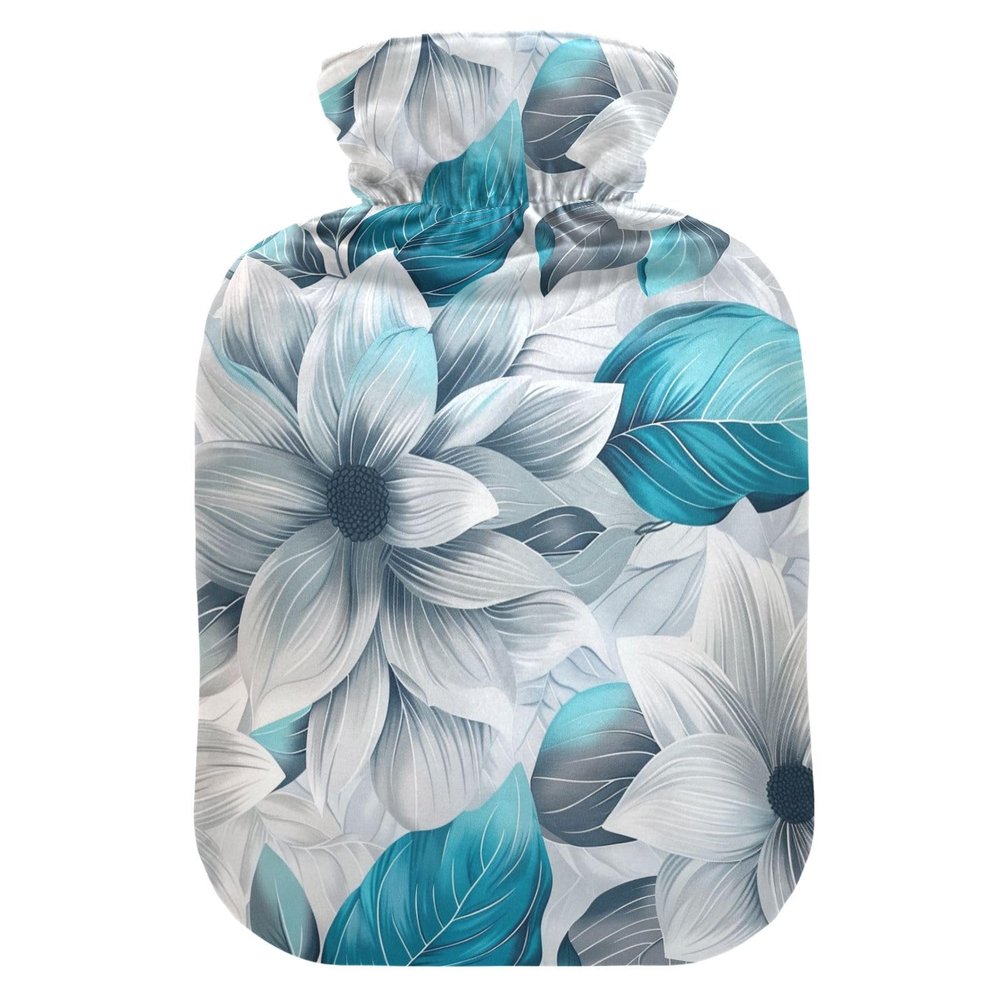 A Close Up of Grey and Teal Floral Leaves on White Fabric Water Bottle for hot Water with Soft Cover, 2L Warmer Bag for Period Cramps, Pain Relief, Bolsa de agua Caliente para el Dolor