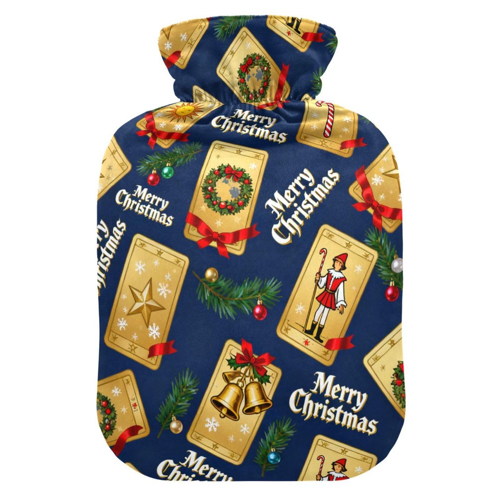 Merry Christmas Gold Tarot Cards hot-Water Bottle with Soft Cover, 2L Warm Water Bottle for Bed for Sore Muscle, Neck Shoulder Warmer, Bolsa para agua Caliente