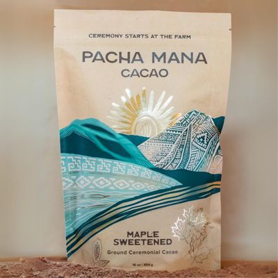 Ground Ceremonial Cacao Peruvian Cacao Blend with Organic Vermont Maple Sugar - Pacha Mana Cacao (8 Oz, Maple Sweetened)
