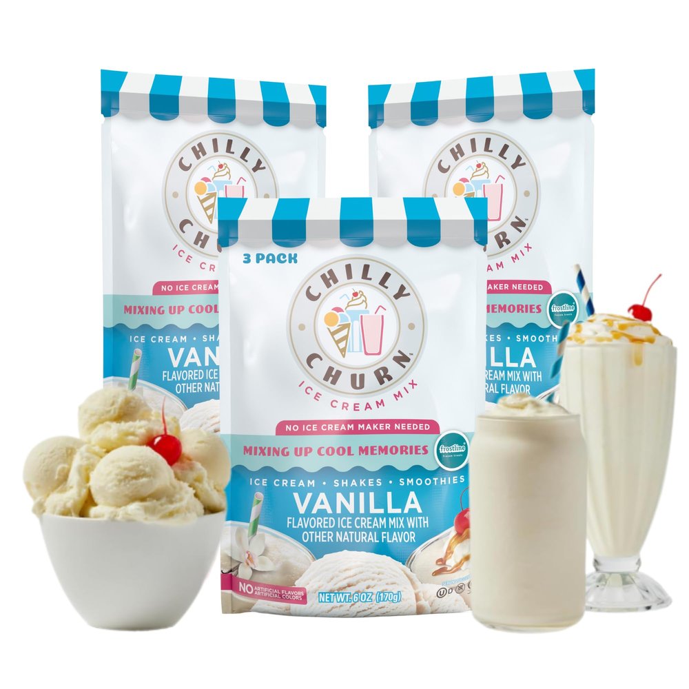 Chilly Churn Vanilla Flavored Ice Cream, Shakes & Smoothies, Use with Hand Mixer, Blender, Countertop Creamer, Ice Cream Machine & More, Gluten Free, Kosher, Each Pouch Makes 1.5 Quarts, Pack of 3