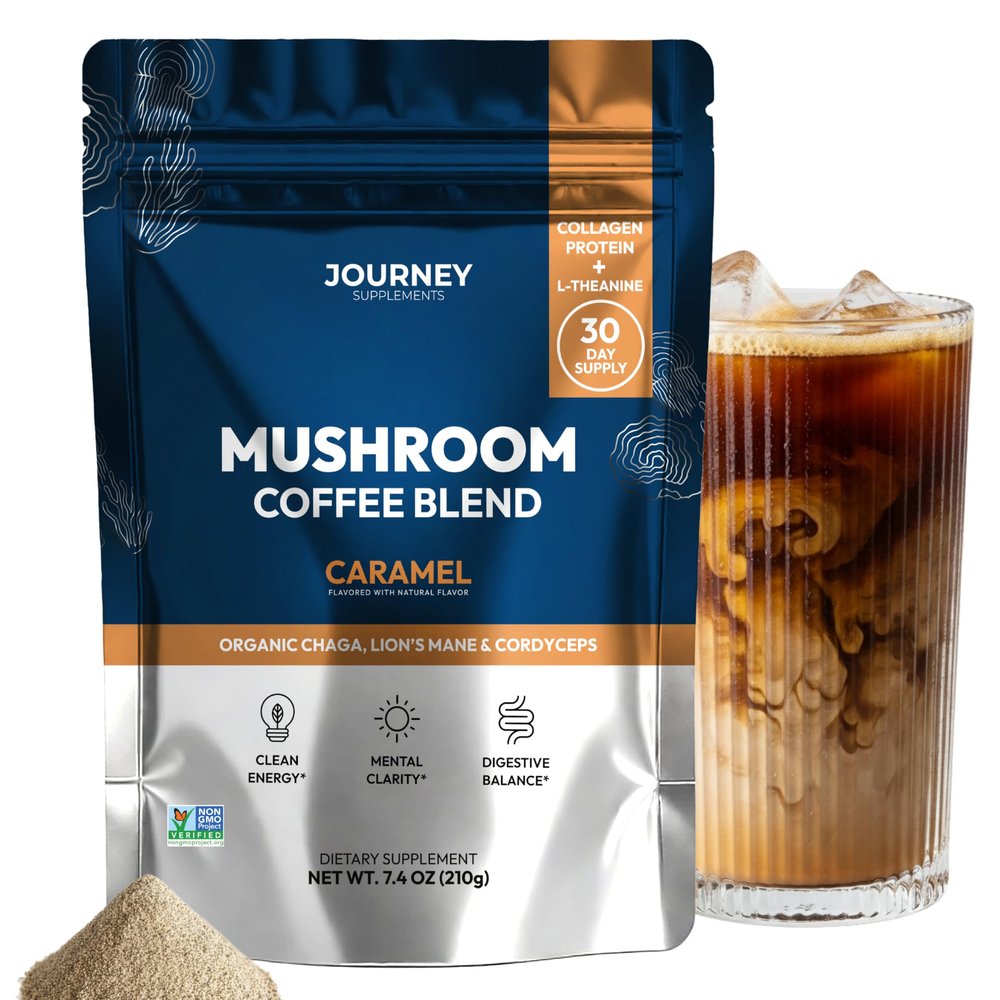 Mushroom Coffee with Collagen - Caramel Blend Adaptogenic Instant Coffee for Energy, Focus, & Mental Clarity Enhanced with Lions Mane, Chaga, Cordyceps & L-Theanine (30 Servings)
