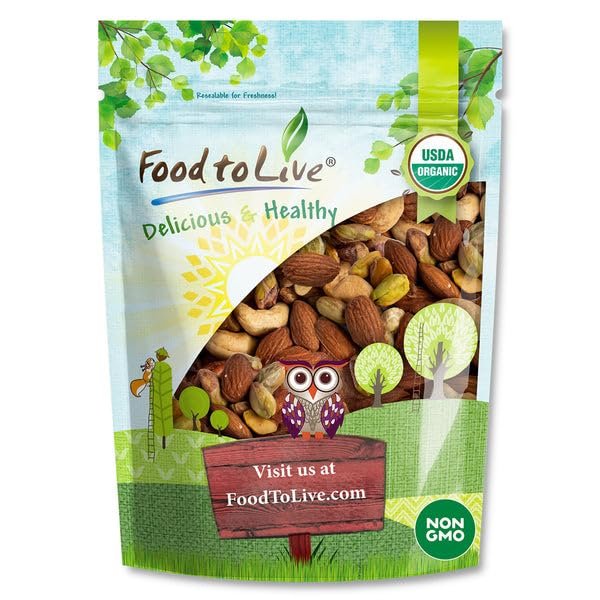 Food to Live Organic Dry Roasted Nut Lovers Mix, 1 Pound Oven Toasted Pistachios, Almonds and Cashews Blend. No Salt Added. Trail Snacks for Adults and Kids. Vegan, Kosher, Bulk