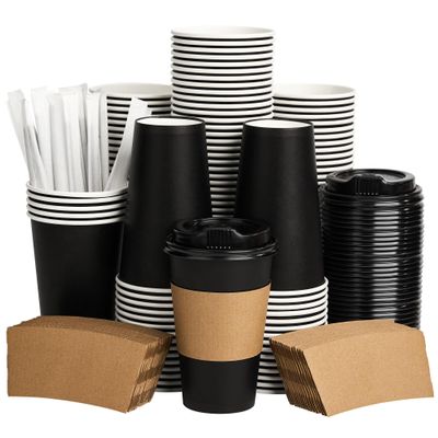 VPACKDUO Coffee Cups with Lids 16 oz 100 Pack, Sleeves and Stirring Sticks, Black Disposable Hot Paper Cups with Lids, To Go Cups, for Parties, Picnic, Travel, and Events