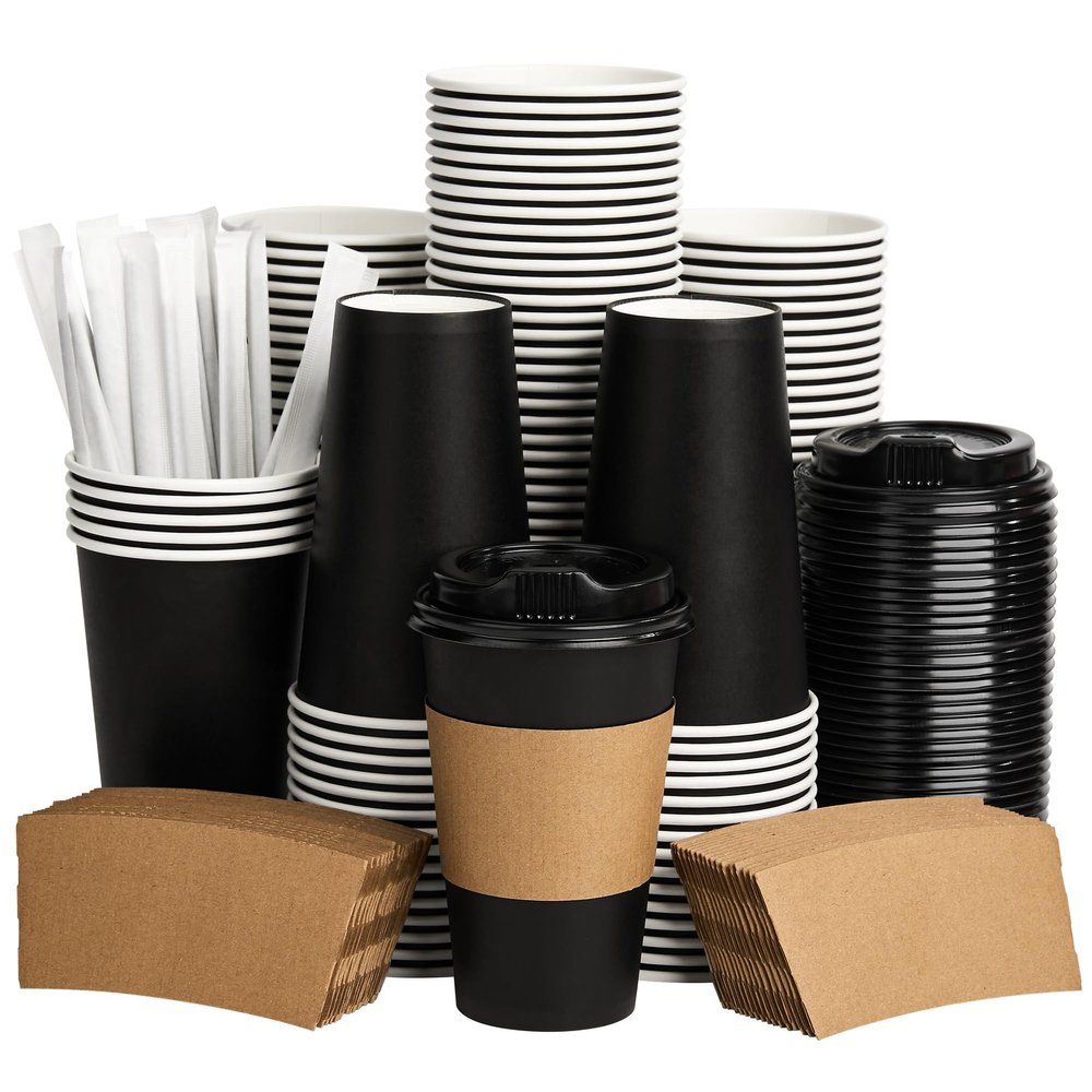 VPACKDUO Coffee Cups with Lids 16 oz 100 Pack, Sleeves and Stirring Sticks, Black Disposable Hot Paper Cups with Lids, To Go Cups, for Parties, Picnic, Travel, and Events
