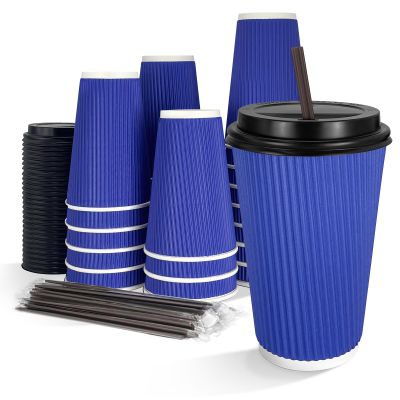 16 oz Disposable Coffee Cups with Lids 50 Pack, BPI-Certified Compostable Paper Cups with Lids and Straws, 3-Layer Insulated Corrugated To Go Cups for Hot & Cold Drinks, Home Office Travel(Blue)