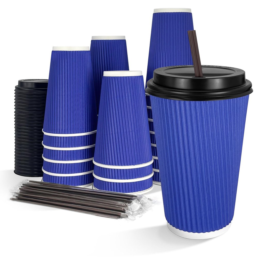 16 oz Disposable Coffee Cups with Lids 50 Pack, BPI-Certified Compostable Paper Cups with Lids and Straws, 3-Layer Insulated Corrugated To Go Cups for Hot & Cold Drinks, Home Office Travel(Blue)
