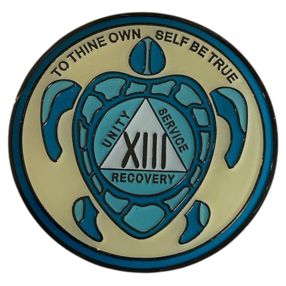 13 Year AA, Recovery Sea Turtle Medallion, Sobriety Token, Blue and Gold