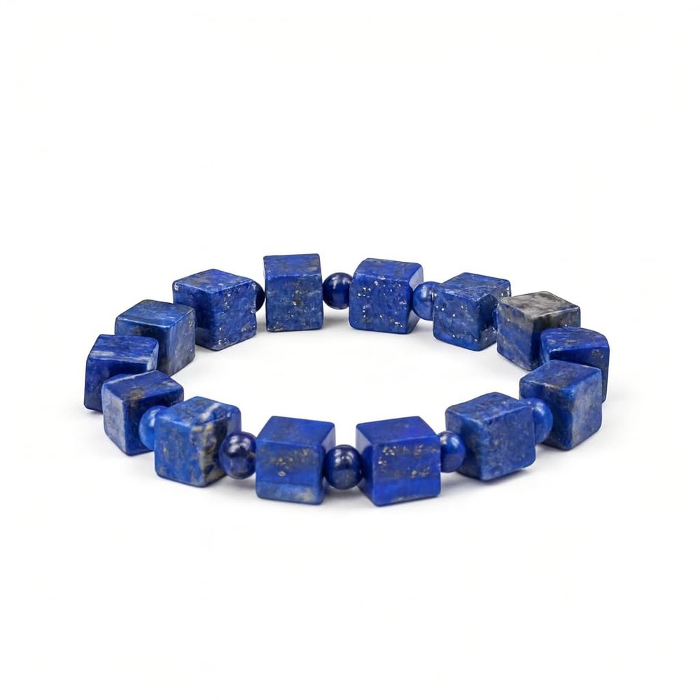Dare to Mystic Lapis Lazuli Cube-Cut Healing Crystal Bracelet, Wisdom Clarity and Self-Expression Energy Jewelry, Unique Geometric Style Gift for Men and Women