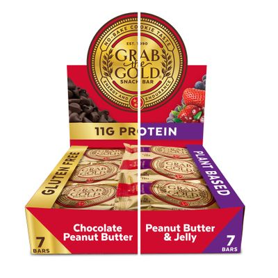 Grab The Gold Protein Snack Bar Variety Pack | Plant-Based Protein, Gluten-Free, Vegan, Dairy-Free, Kosher | 14 Count Variety Pack 7 Chocolate Peanut Butter & 7 Peanut Butter & Jelly, Made in USA