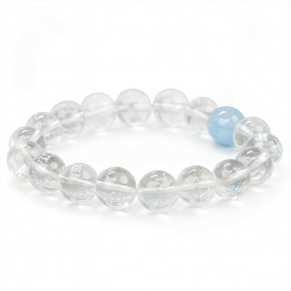 Clear Quartz and Aquamarine Healing Crystal Bracelet, Natural Clarity and Communication Energy, Engraved Roman Numerals Gift Box for Women