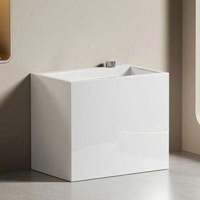 Commercial Floor Mop Sink, Freestanding Slop Basin with Rotate Drain Button, Ceramic Art Design, Rock Slabs Style, Gray, 19.6x12.9x16.5in - Ideal for Efficient Cleaning