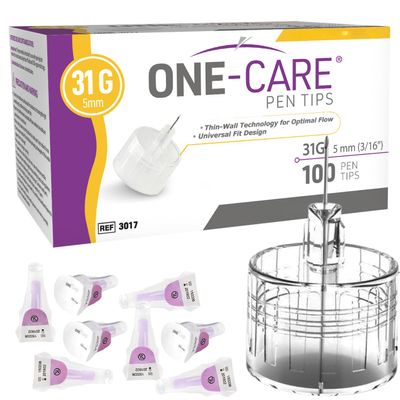 ONE-CARE Pen Tips 31G x 5 mm (3/16) Ultra-Thin Comfort Design, Thin-Wall Flow Technology, Universal-Fit Connection, 100 Count Box