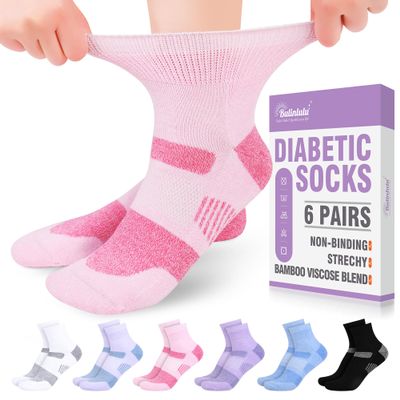 Bulinlulu Diabetic Ankle Socks for Women Size 9-11, 6 Pairs Non Binding Diabetic Wide Socks for Men(PinkPurpleLavenderBlackWhiteBlue)