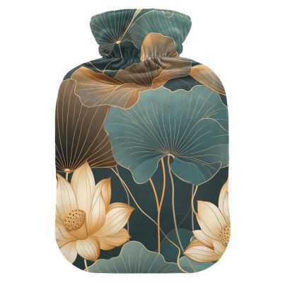Green Gold Flower Leaves Flower hot Bottle Water Bag with Soft Cover, 2L hot Water Bag for Sore Muscle