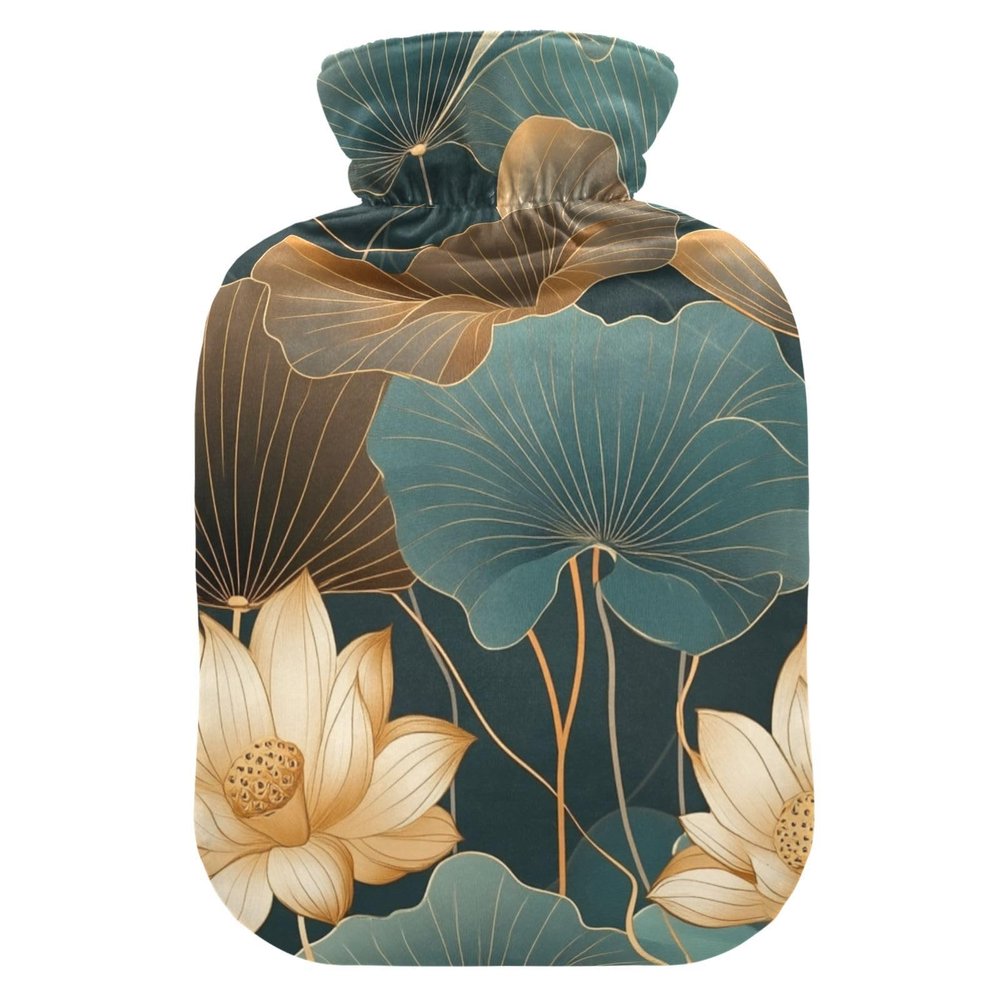 Green Gold Flower Leaves Flower hot Bottle Water Bag with Soft Cover, 2L hot Water Bag for Sore Muscle