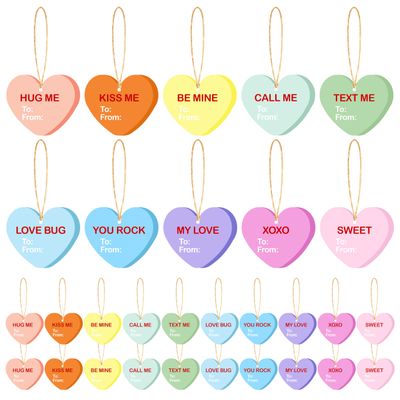 100Pcs Valentine's Day Conversation Hearts Gift Tags Colorful BE Mine KISS ME XOXO Candy Hearts Hanging Ornaments with Rope for Wedding Classroom Exchange Gifts Valentine Tree Party Supplies Decor