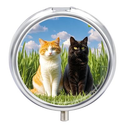 Pill Box 3 Compartment Metal Medicine Pill Organizer Cat on The Grass Pill Case for Purse Or Pocket Cute Mini Portable Pill Holder Travel Pill Container to Hold Supplements, Vitamins, Fish Oil