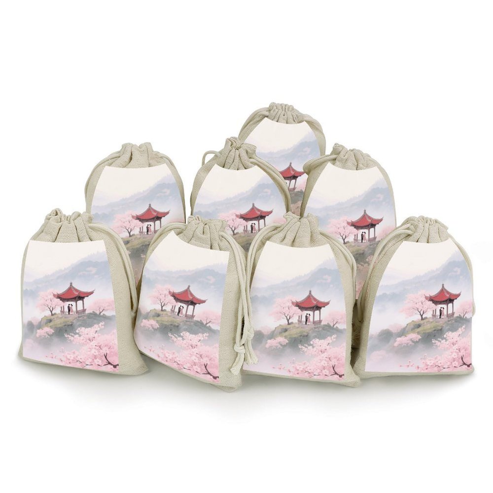 8 Pack Natural Cotton Drawstring Bags Reusable Muslin Bag Empty Gift Bags Cherry Blossom Mountain Pouches for Tea Jewelry Sachet Wedding Party Favors Storage Holiday Gifts 5x7 Inch