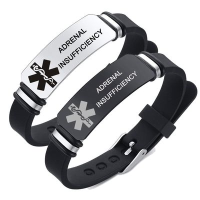 Adrenal Insufficiency Bracelet for Men Women,2Pcs Stainless Steel Adjust Silicone Medical Health ID Wristbands Medicals Identification Alert Jewelry Sos Emergency Awareness with Medic Card