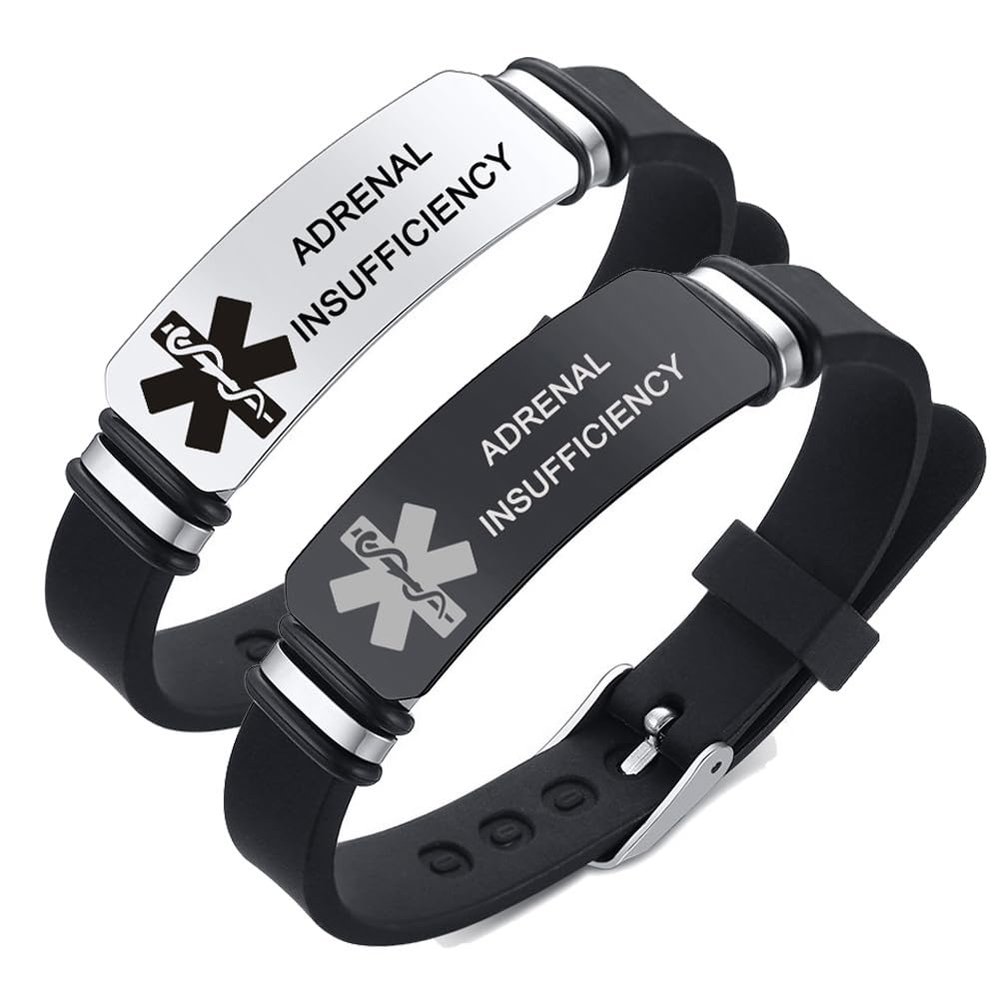 Adrenal Insufficiency Bracelet for Men Women,2Pcs Stainless Steel Adjust Silicone Medical Health ID Wristbands Medicals Identification Alert Jewelry Sos Emergency Awareness with Medic Card