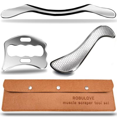 Robulove Stainless Steel Muscle Scraper Tool Set, 3-Piece IASTM Physical Therapy Kit, Manual Soft Tissue Massage Tools for Myofascial Release 14inch Long bar(Double Edge)
