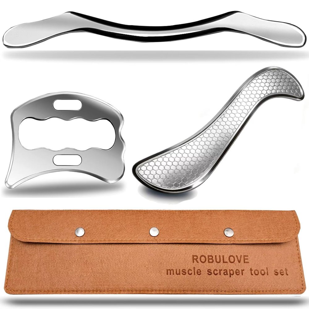 Robulove Stainless Steel Muscle Scraper Tool Set, 3-Piece IASTM Physical Therapy Kit, Manual Soft Tissue Massage Tools for Myofascial Release 14inch Long bar(Double Edge)