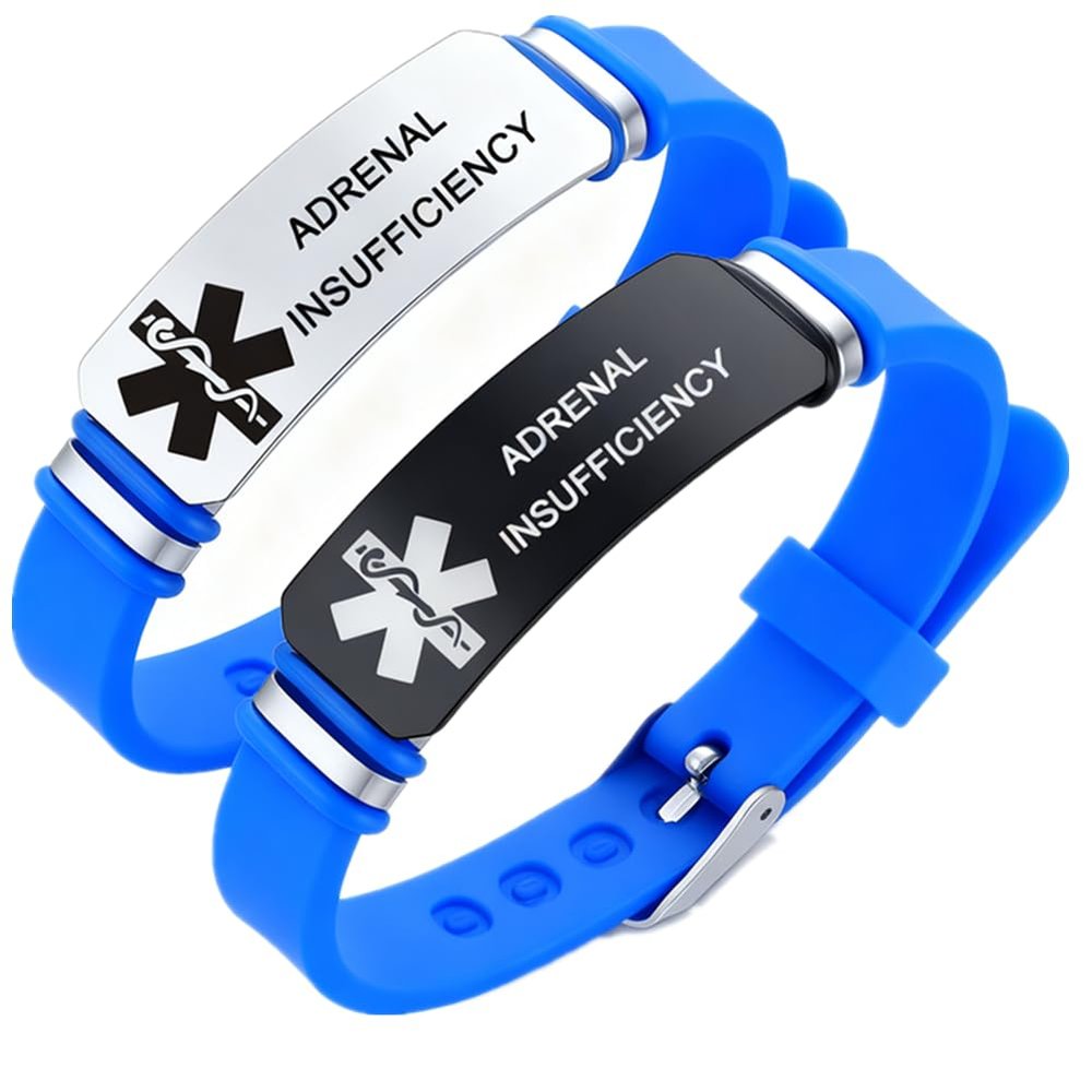 Adrenal Insufficiency Bracelet for Men Women,2Pcs Stainless Steel Adjust Silicone Medical Health ID Wristbands Medicals Identification Alert Jewelry Sos Emergency Awareness with Medic Card