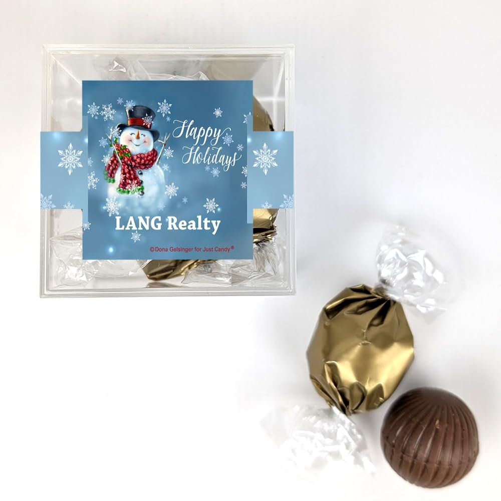 12 Pack Personalized Happy Holidays Dubai Milk Chocolate Truffles Candy Favor Cube For Gifting, Christmas Party Favors, Giveaways, Candy Buffets & More - Jolly Snowman