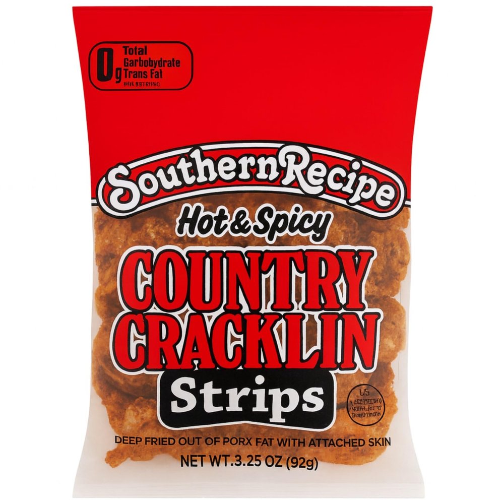 Southern Recipe Original Country Cracklin Strips | 3.25 oz Bag | Pork Strips | Crunchy, Keto-Friendly Southern Snack (3 Count Hot & Spicy)