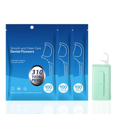300 Count Dental Floss Picks with Automatic Dispenser Case - High Tenacity Floss Sticks for Tight Teeth, Shred Resistant Tooth Picks, Includes 1 Portable Pop-Up Holder & 3 Bulk Refill Bags (Green)