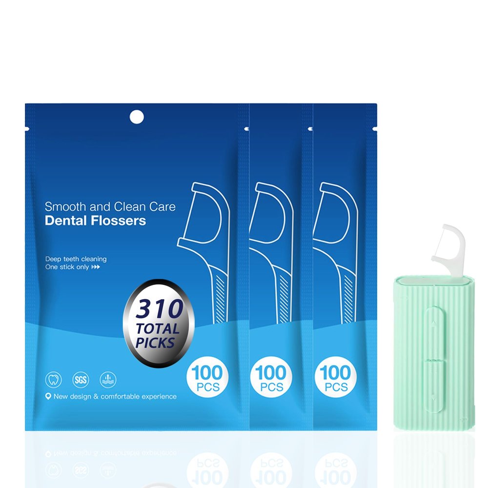 300 Count Dental Floss Picks with Automatic Dispenser Case - High Tenacity Floss Sticks for Tight Teeth, Shred Resistant Tooth Picks, Includes 1 Portable Pop-Up Holder & 3 Bulk Refill Bags (Green)
